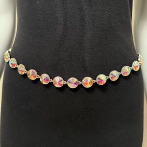 Silver tone metallic chain belt with round glass accents
